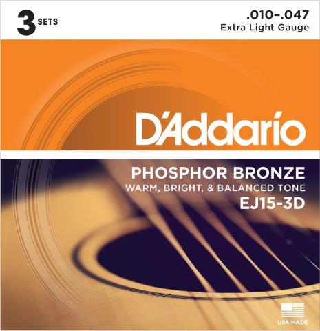 Daddario 3 Pack Acoustic Guitar String Set 10/47 Phospher Bronze X/LGT EJ15-3D