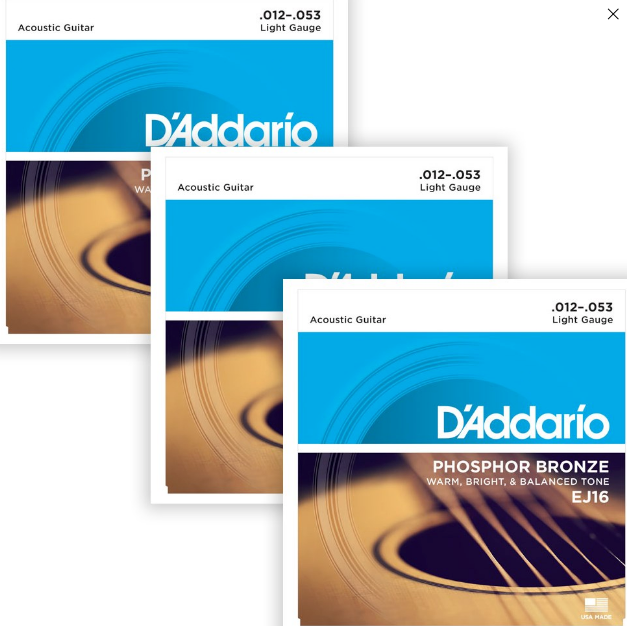 D'Addario EJ16 Phosphor Bronze, Light, 12-53, Acoustic Strings (3-Pack)