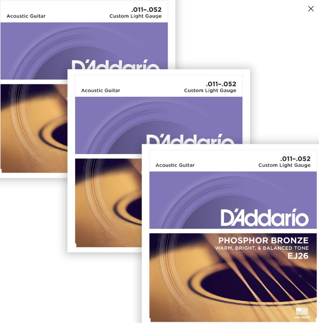 D'Addario EJ26 Phosphor Bronze Custom Light, 11-52, Acoustic Strings (3-Pack)