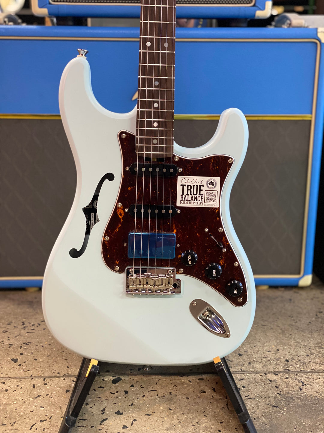 Cole Clark Electric Hollow Baby HSS w/case | Sonic Blue