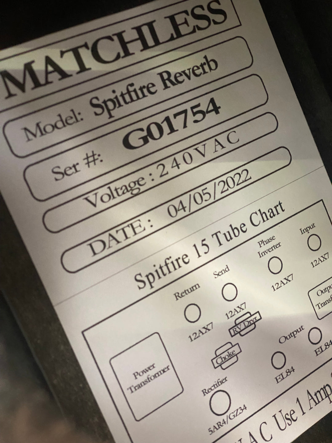 Matchless 2022 Spitfire Reverb 15w Combo Amp ***pre loved***