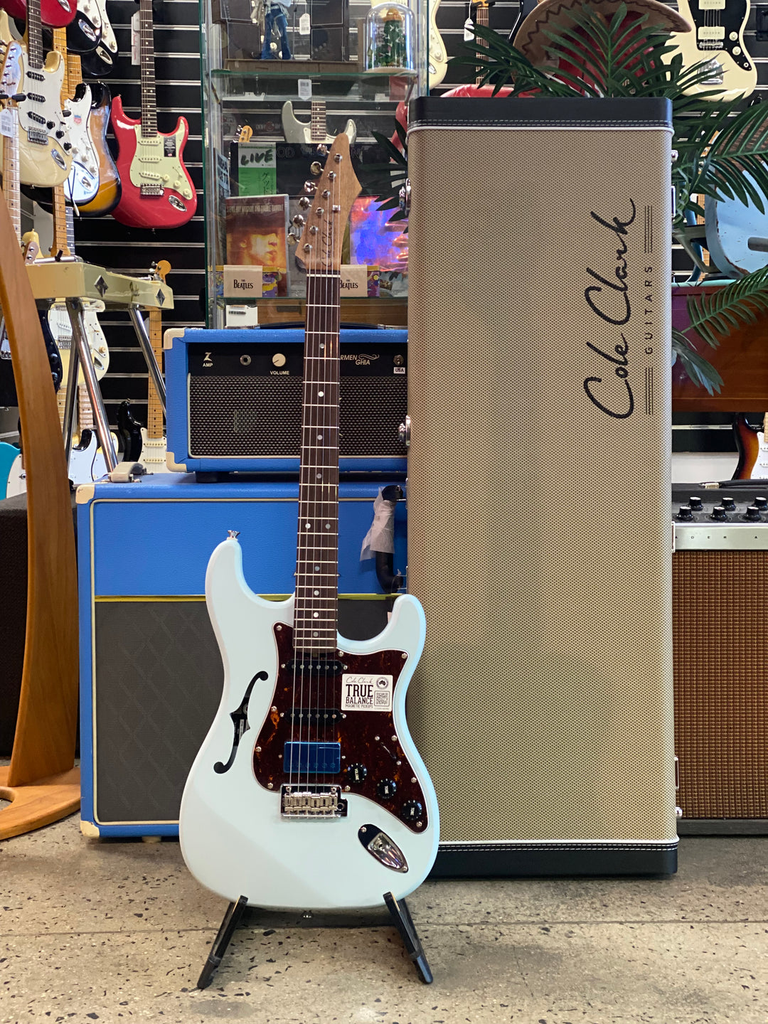Cole Clark Electric Hollow Baby HSS w/case | Sonic Blue