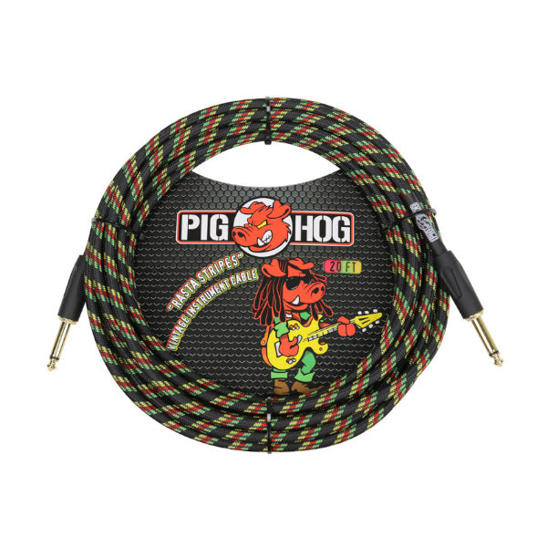 Pig Hog Instrument Cable 20ft 6 Metre - Rasta Stripes