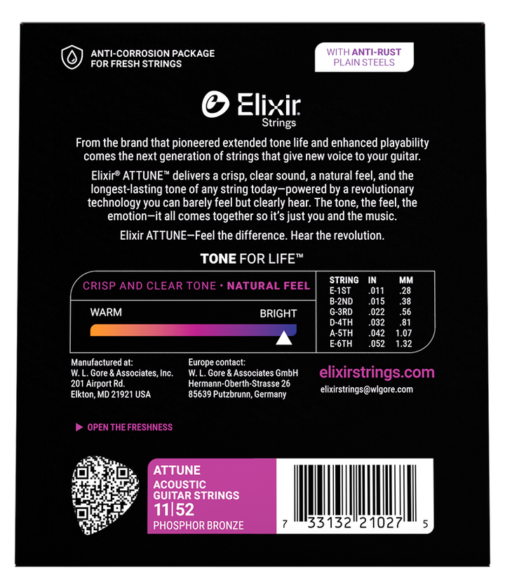 Elixir 21027 Attune Phosphor Bronze Custom Light 11-52