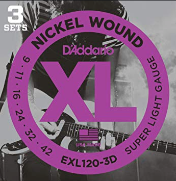 D'addario EXL120-3D XL Nickel Wound Super Light (.009-.042) Electric Guitar Strings 3-Pack